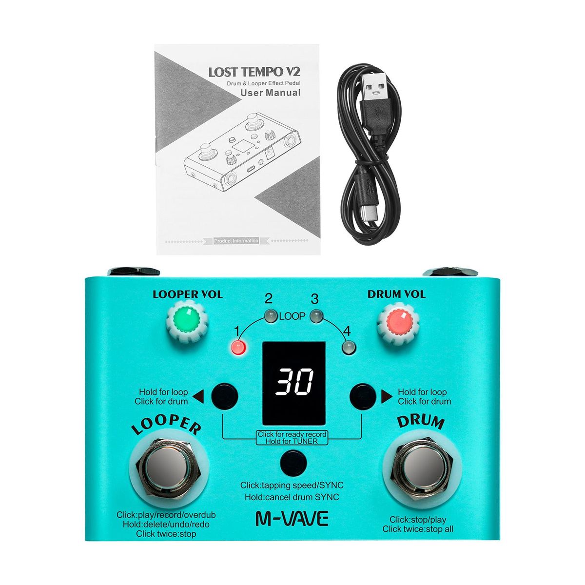 M-VAVE LOST TEMPO Effect Pedal Drum & Looper Effector Mini 2-in-1 Looper & Drum Machine Double Footswitch Looper Pedal Looper Guitar Pedal 30 Drums & 4 Loops High Precision Tuner Adjustable Speed