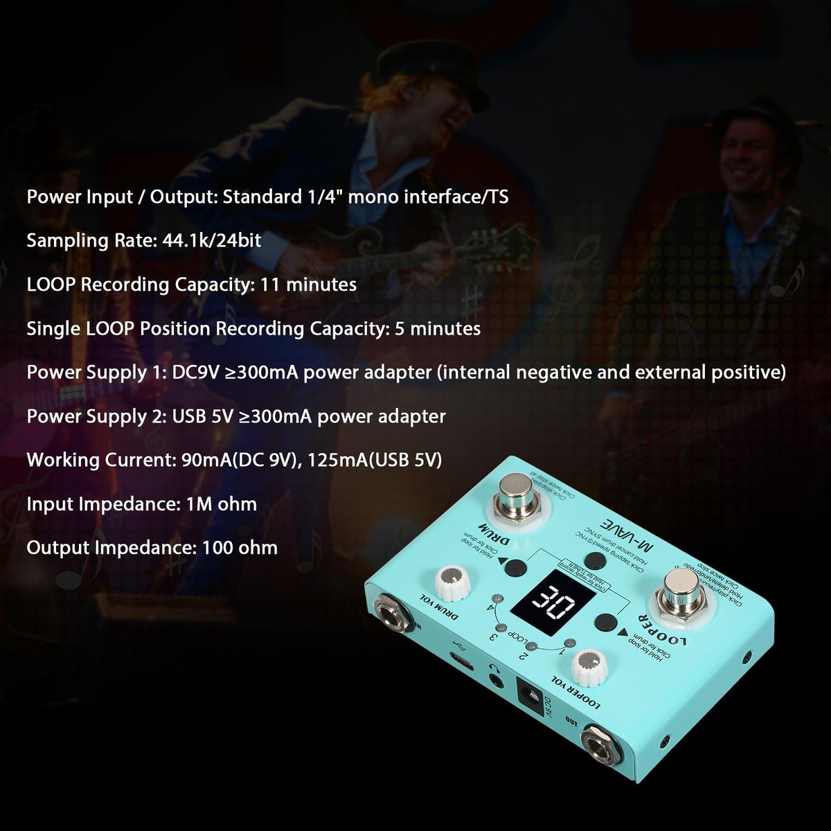 M-VAVE LOST TEMPO Effect Pedal Drum & Looper Effector Mini 2-in-1 Looper & Drum Machine Double Footswitch Looper Pedal Looper Guitar Pedal 30 Drums & 4 Loops High Precision Tuner Adjustable Speed