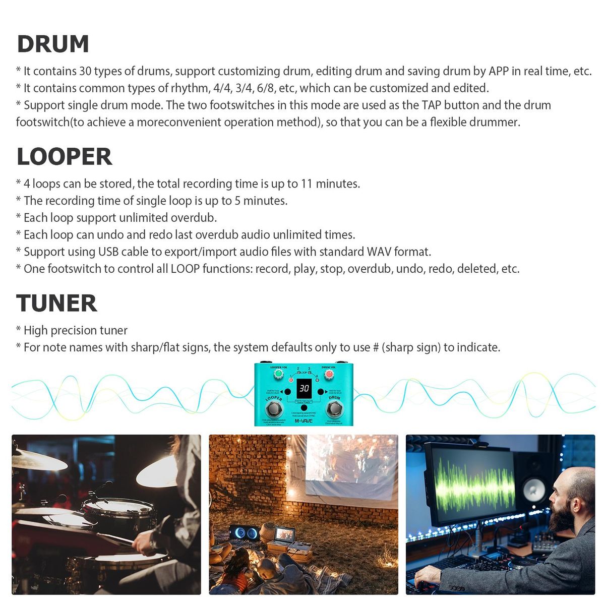 M-VAVE LOST TEMPO Effect Pedal Drum & Looper Effector Mini 2-in-1 Looper & Drum Machine Double Footswitch Looper Pedal Looper Guitar Pedal 30 Drums & 4 Loops High Precision Tuner Adjustable Speed