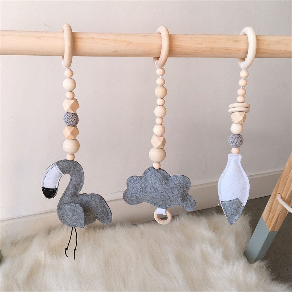 3Pcs Wooden Hanging Toys Play Stand Ornaments Nursery Fun Mobile Rack Activity Gym Gift For Baby Grey