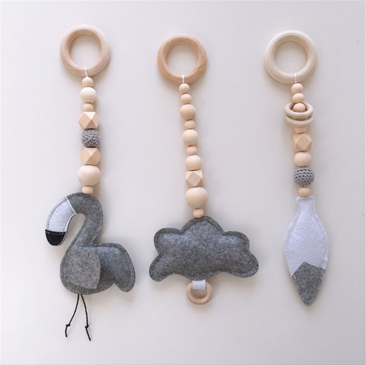 3Pcs Wooden Hanging Toys Play Stand Ornaments Nursery Fun Mobile Rack Activity Gym Gift For Baby Grey