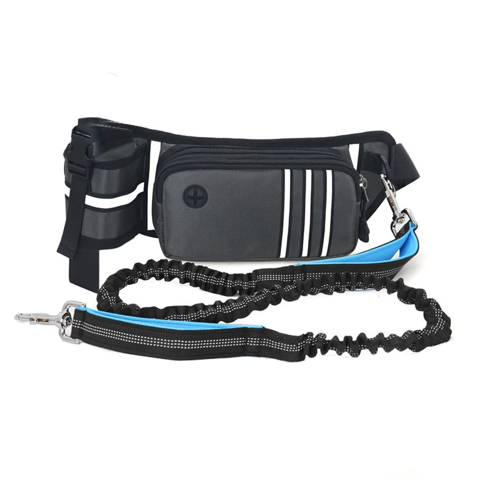 Hands Free Retractable Dog Leash With Waist Zipper Pouch For Running Walking-Gray