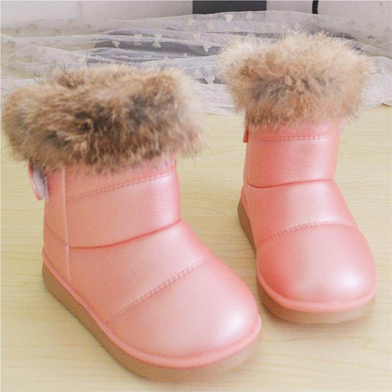 Child Girls Kids Winter Warm Booties Leather Rabbit Fur Shoes Snow Ankle Boots Pink 24