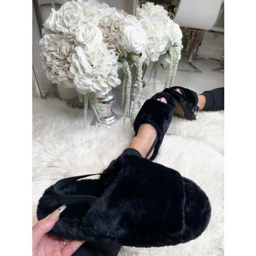 Faux Fur Sandals - Black