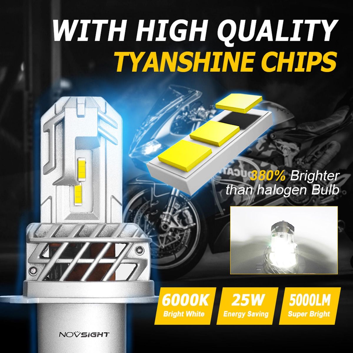 NOVSIGHT Motorcycle LED Fog lights 5000LM Headlight Bulb 6000K White Running Light 28W, Novsight H4, 360°Beam Angle HID Decoder Headlamp, IP68 Waterproof