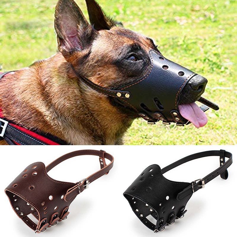 Soft Leather Muzzle For Dogs Anti-Biting Secure Adjustable And Breathable Pet Small Large Dogs Muzzle For Pitbull French Bulldog-Coffee