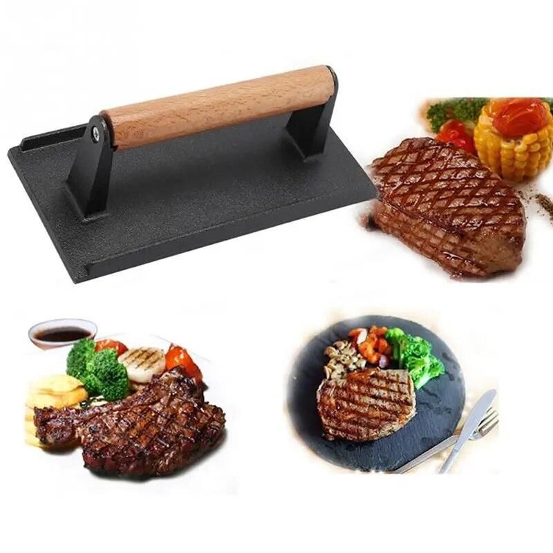 Cast Iron Press Heat Resistance Steak Press Iron Board With Wooden Handle Cast Bacon Burger Grill Professional Kitchen Tools