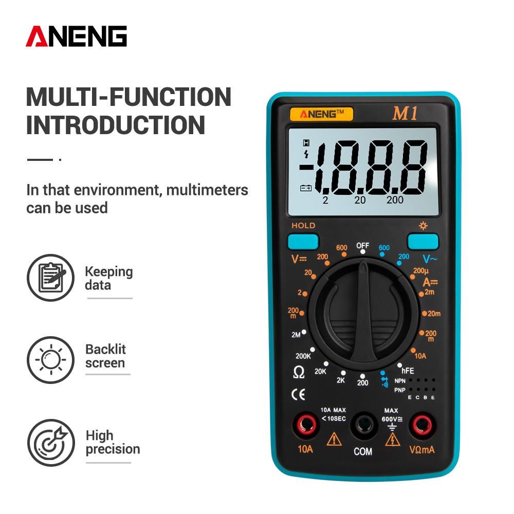 ANENG M1 Handheld Digital Multimeter LCD Backlight High Precision AC/DC Voltage Current Resistance Transistor Continuity Tester Overload Protection Blue