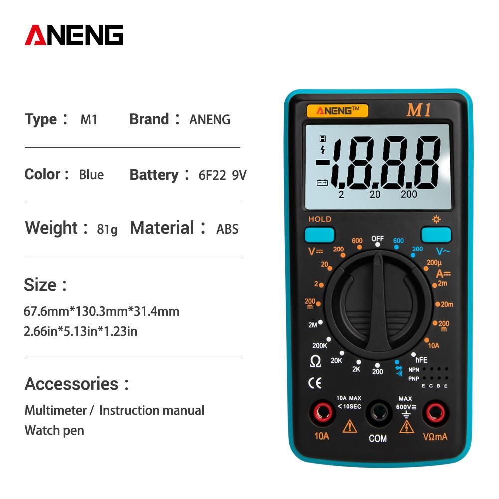 ANENG M1 Handheld Digital Multimeter LCD Backlight High Precision AC/DC Voltage Current Resistance Transistor Continuity Tester Overload Protection Blue