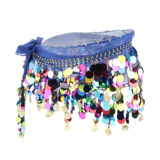 Womens Sequins Beads Belly Dance Skirt Hip Scarf Waistband Royal Blue