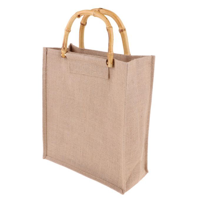 Outing Portable Burlap Jute Shopping Handbag Bamboo Loop Handles