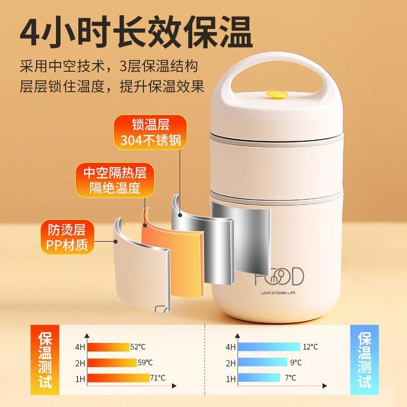Hengrun Stainless Steel Lunch Cup Portable Breakfast Cup Small and Thickened Stainless Steel Insulation Lunch Box Soup Box Double layer - beige