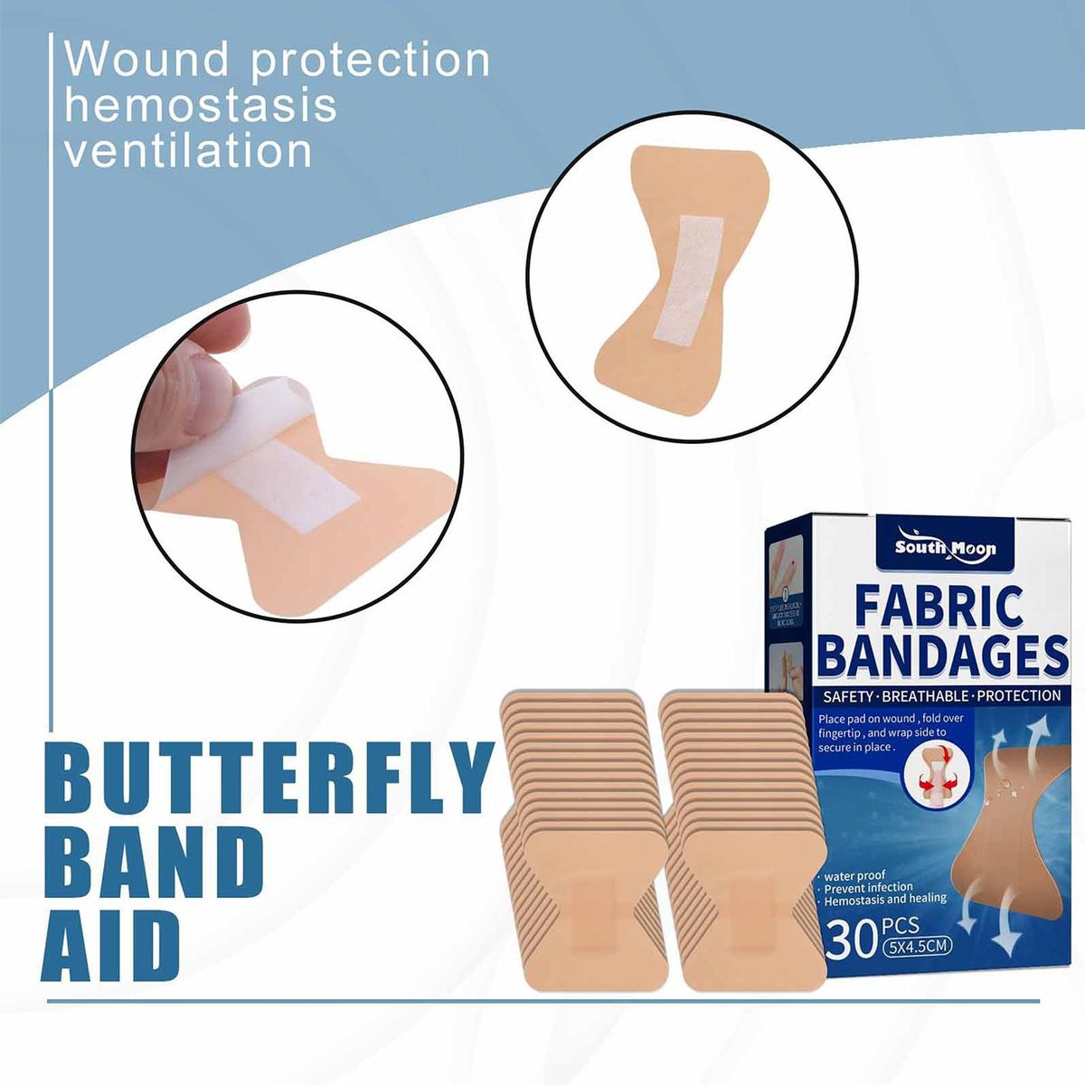 South Moon 30Pcs Fabric Bandages Butterfly Band Aid Rapid Hemostasis Wound Protection Breathable Waterproof