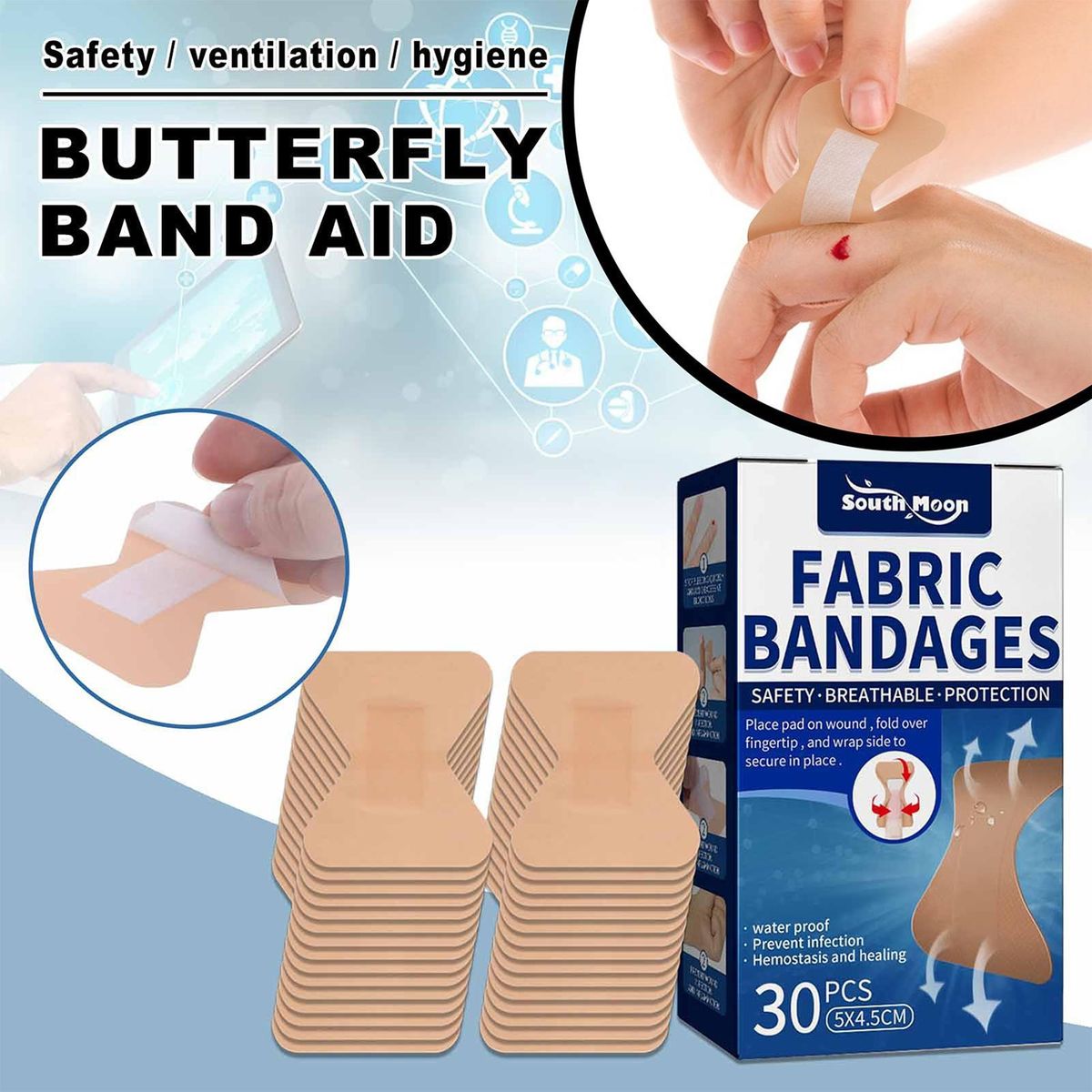 South Moon 30Pcs Fabric Bandages Butterfly Band Aid Rapid Hemostasis Wound Protection Breathable Waterproof