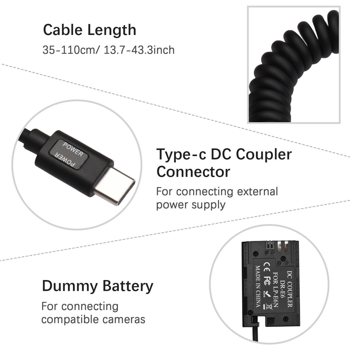 Andoer Type-C DR-E6 Dummy Battery DC Coupler 20W PD Adapter  Replacement for Canon EOS 60D 70D 80D 5DS R 5D Mark IV III 5D4 5D3 5D2 II