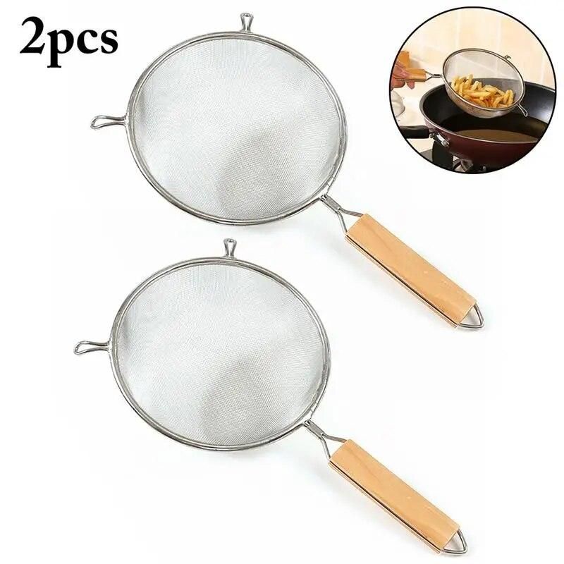 2pcs Stainless Steel Wire Fine Mesh Oil Strainer Kitchen Food Flour Sieve Colander for Kitchen Tools with Wooden handle