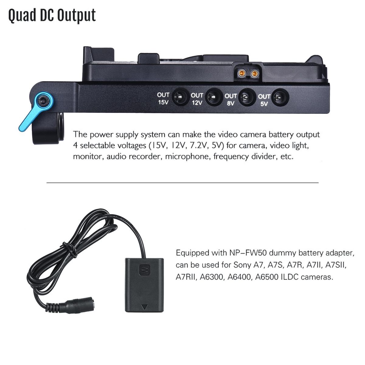 Andoer V Mount V-lock Battery Plate Adapter with 15mm Dual Hole Rod Clamp NP-FW50 Dummy Battery Adapter for BMCC BMPCC Sony A7 A7S A7R A7II A7SII A7RII A6300 A6400 A6500 for Monitor Audio Recorder Microphone Frequency Divider
