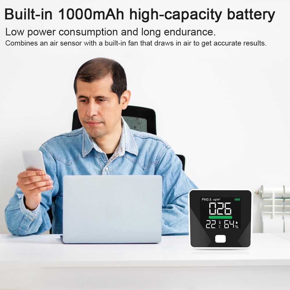 3 in 1 Air Quality Monitor Dust PM2.5 Temperature Humidity Detector Support Low Battery Warning for Home Office Car