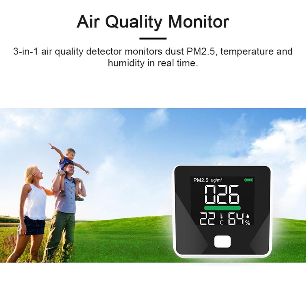 3 in 1 Air Quality Monitor Dust PM2.5 Temperature Humidity Detector Support Low Battery Warning for Home Office Car