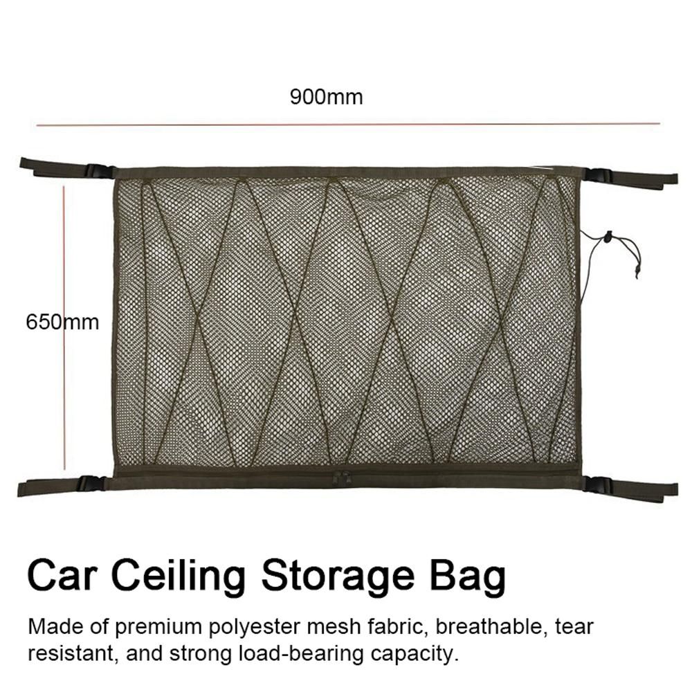 Car Ceiling Storage Bag Double-Layer Adjustable Cargo Net Sundries Organizer Interior Roof Mesh Pocket 35.4x25.6in with Zipper for Car Truck SUV