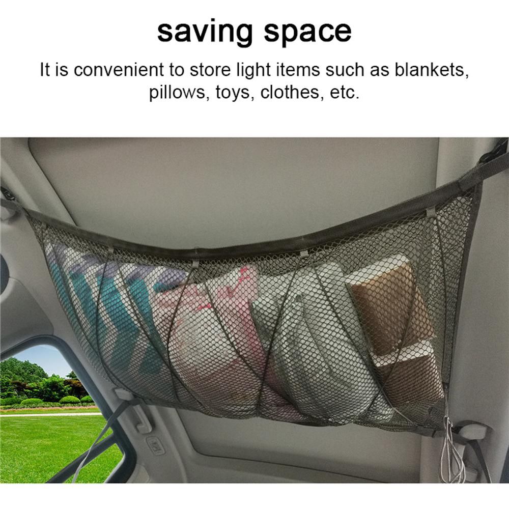 Car Ceiling Storage Bag Double-Layer Adjustable Cargo Net Sundries Organizer Interior Roof Mesh Pocket 35.4x25.6in with Zipper for Car Truck SUV