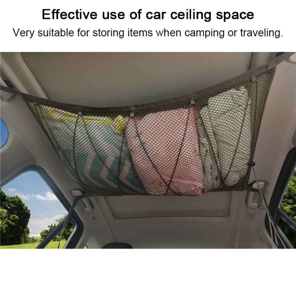 Car Ceiling Storage Bag Double-Layer Adjustable Cargo Net Sundries Organizer Interior Roof Mesh Pocket 35.4x25.6in with Zipper for Car Truck SUV