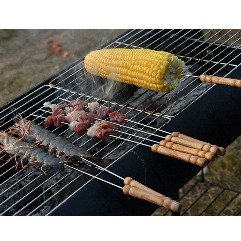 10Pcs Stainless Steel BBQ Wooden Handle Outdoor Cooking Tool