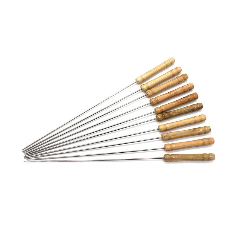 10Pcs Stainless Steel BBQ Wooden Handle Outdoor Cooking Tool