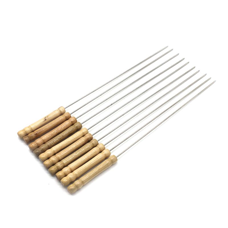 10Pcs Stainless Steel BBQ Wooden Handle Outdoor Cooking Tool