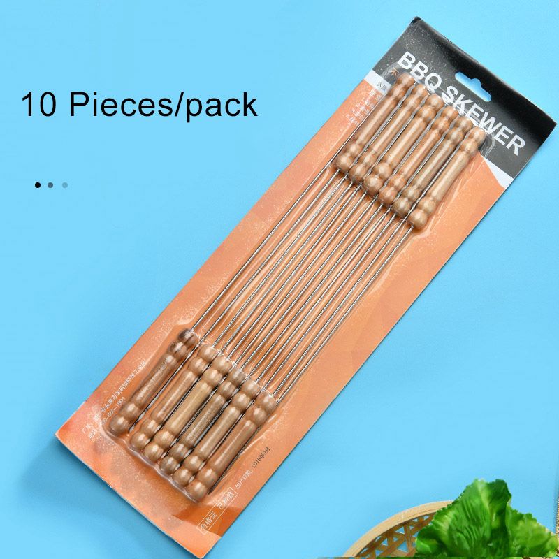 10Pcs Stainless Steel BBQ Wooden Handle Outdoor Cooking Tool