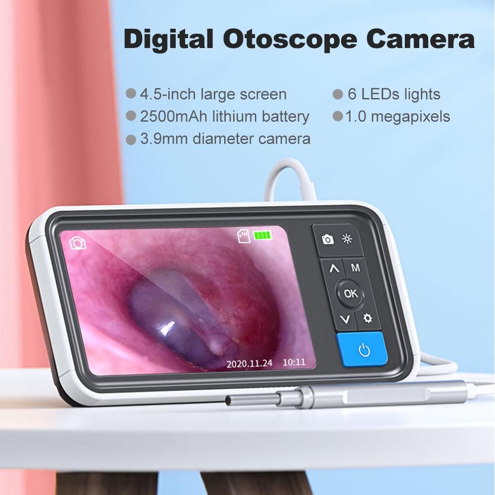 Digital Otoscope Camera Endoscope Ear Picker with 6 LEDs Lights 2500mAh Rechargeable Visual Ear Stick Borescope 1.0 Megapixels 32G TF Card 3.9mmm Ear Scope Camera 4.5-inch LCD Screen Earwax Removal Tool with Snapshot & Record