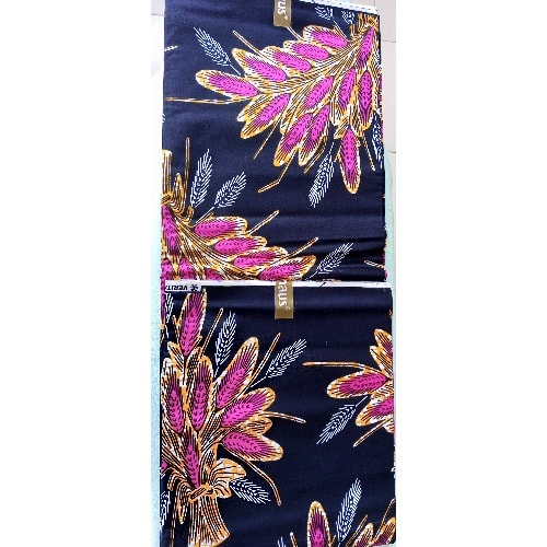Blue Ankara With Pink Leaves - 6Yards