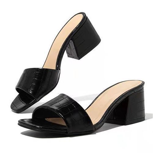 Women Slippers Strappy Mule High Heels Slippers Sandals-Black