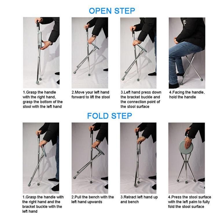 Elderly Stick Stool Portable Dexterous Non Slip Walking Three Leg Folding Cane
