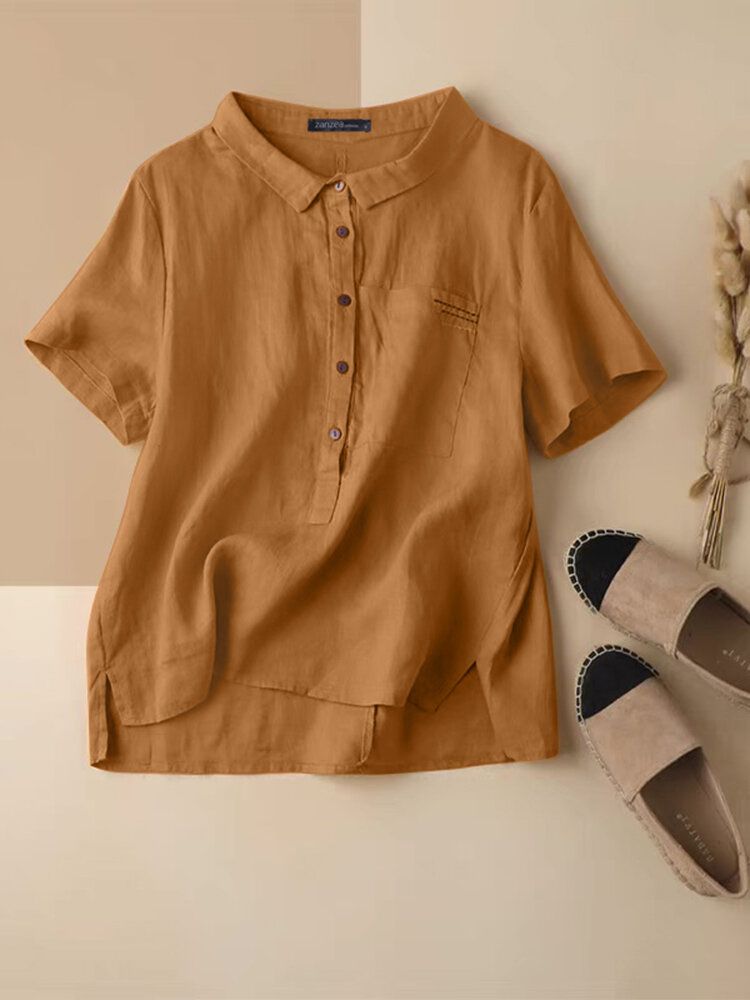 Cotton Solid Button Pocket Embroidered Lapel Casual Blouse-White