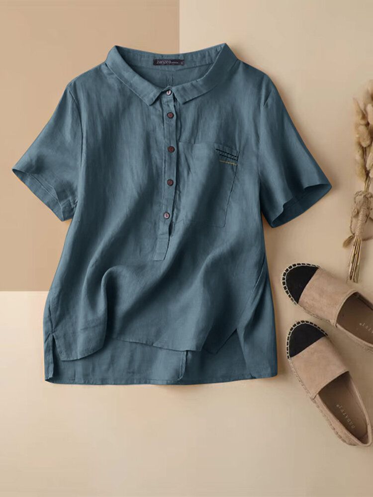 Cotton Solid Button Pocket Embroidered Lapel Casual Blouse-White