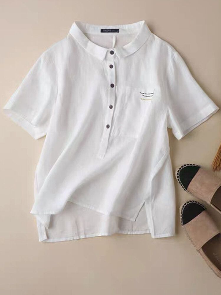 Cotton Solid Button Pocket Embroidered Lapel Casual Blouse-White