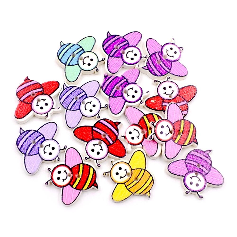 50Pcs Bee Shape Colorful Wooden Buttons 2 Holes DIY Crafts Sewing Accessories-Mix Color