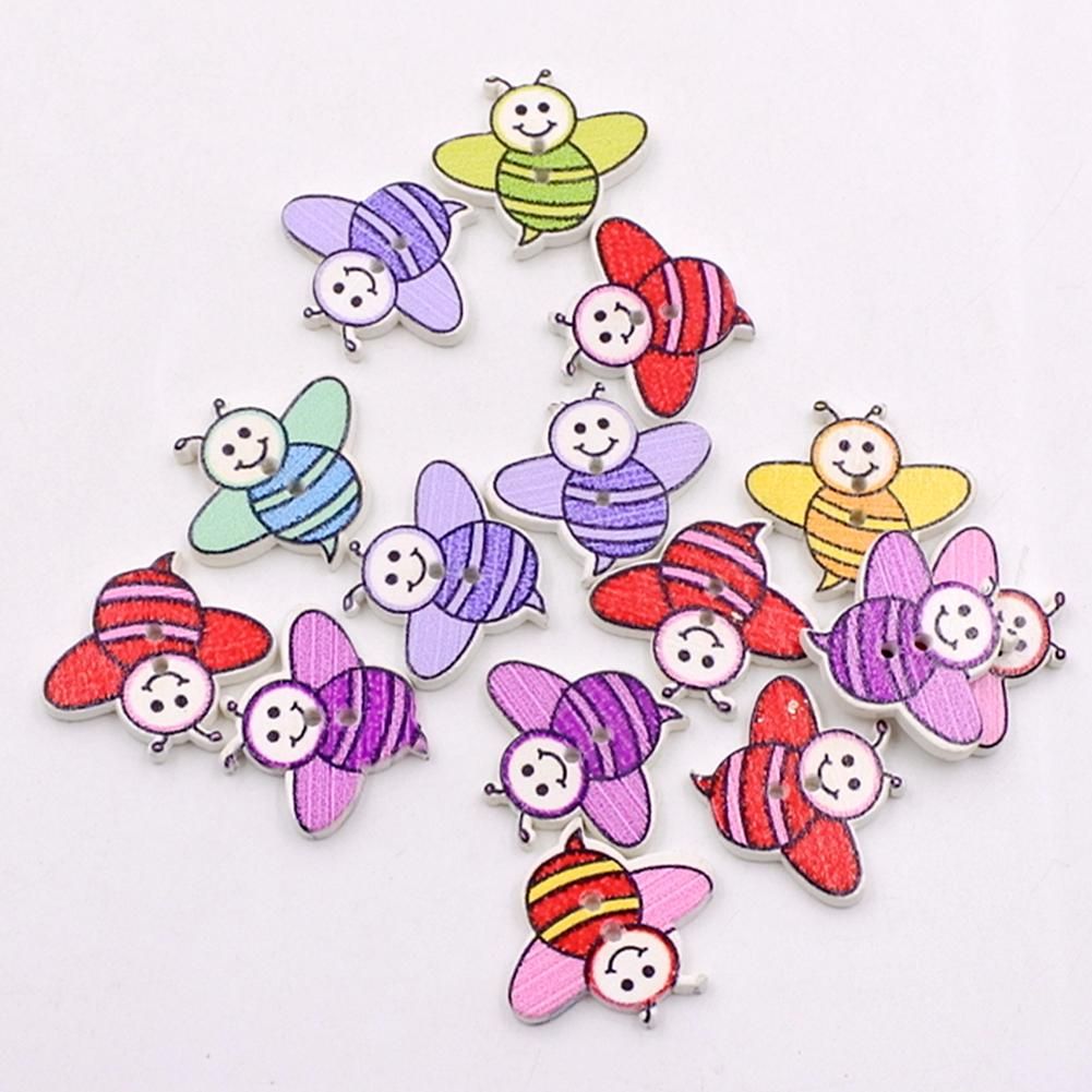50Pcs Bee Shape Colorful Wooden Buttons 2 Holes DIY Crafts Sewing Accessories-Mix Color