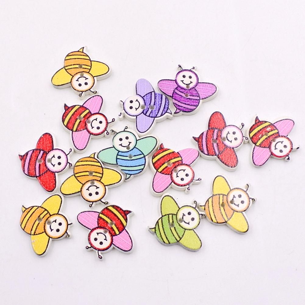 50Pcs Bee Shape Colorful Wooden Buttons 2 Holes DIY Crafts Sewing Accessories-Mix Color