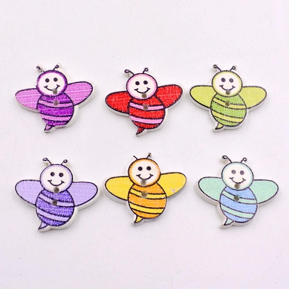 50Pcs Bee Shape Colorful Wooden Buttons 2 Holes DIY Crafts Sewing Accessories-Mix Color