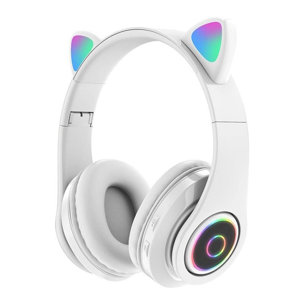 Gaming Headset With Cat Ear Over-Ear Retractable Soft Earmuffs White