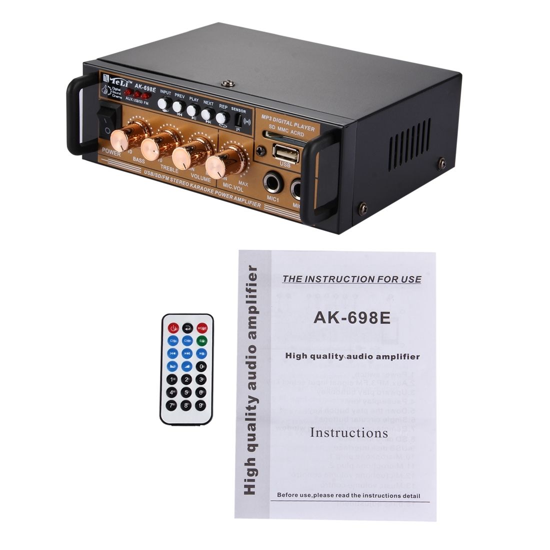 AK-698E HiFi Stereo Audio Power Amplifier 180W + 180W Digital Player With Remote Control, Support FM / SD / MP3 Player / USB, AC 220V / DC 12V(Black)