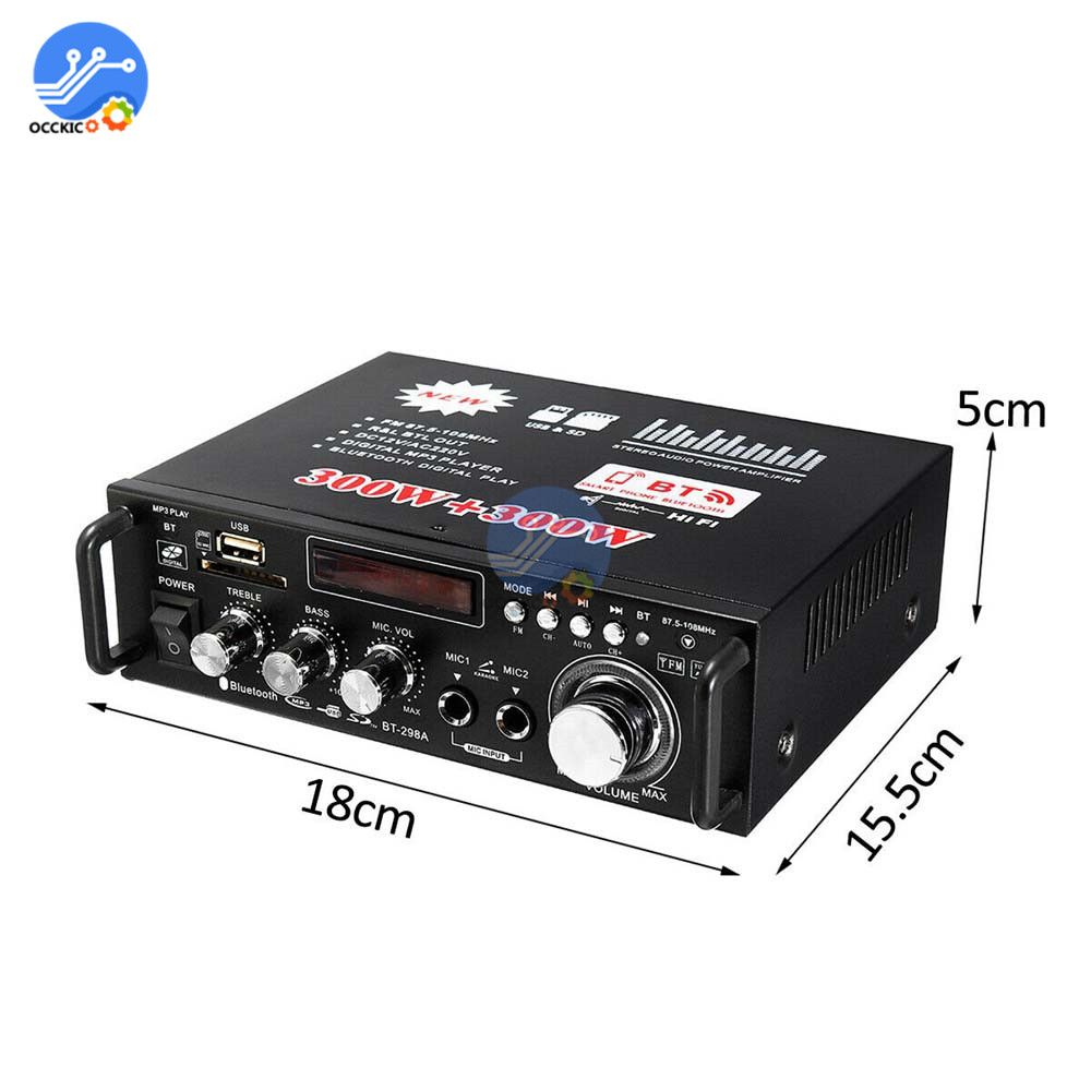 600W Bluetooth Amplifier 300W+300W 2CH HIFI Audio Stereo Power AMP USB FM Radio Car Home Theater With Remote Control- 220V