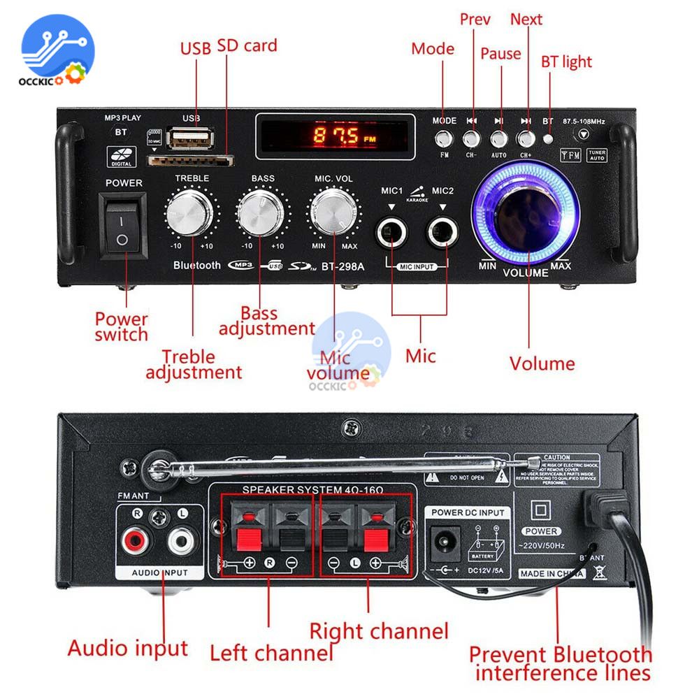 600W Bluetooth Amplifier 300W+300W 2CH HIFI Audio Stereo Power AMP USB FM Radio Car Home Theater With Remote Control- 220V