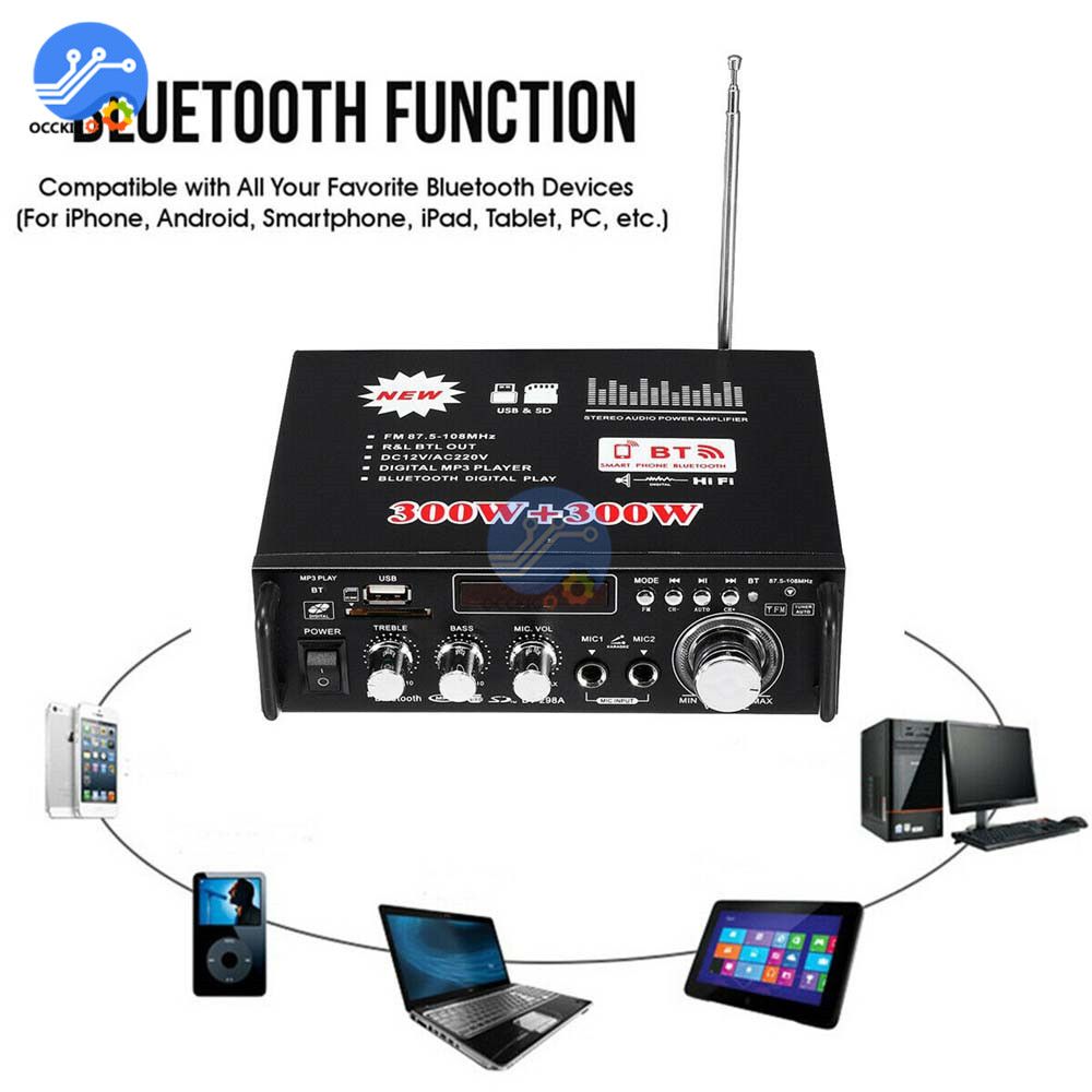 600W Bluetooth Amplifier 300W+300W 2CH HIFI Audio Stereo Power AMP USB FM Radio Car Home Theater With Remote Control- 220V