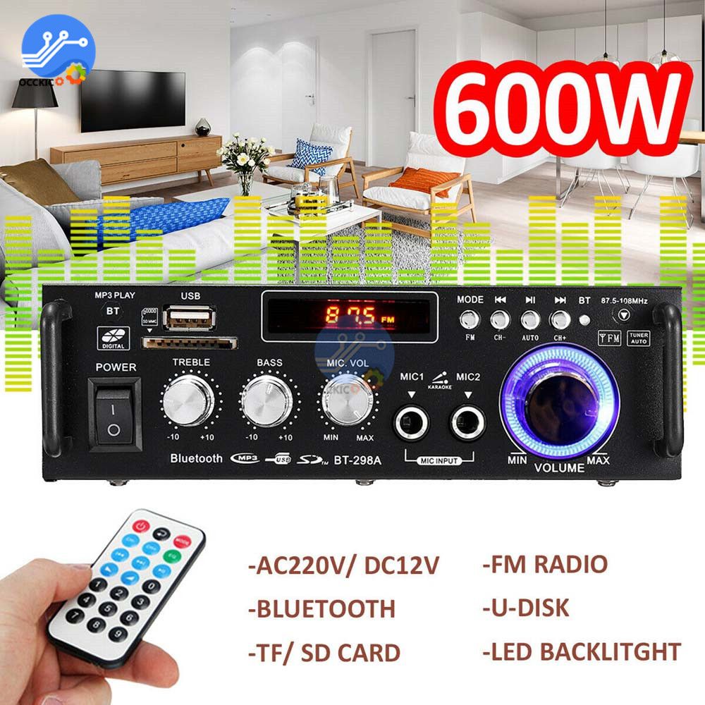 600W Bluetooth Amplifier 300W+300W 2CH HIFI Audio Stereo Power AMP USB FM Radio Car Home Theater With Remote Control- 220V