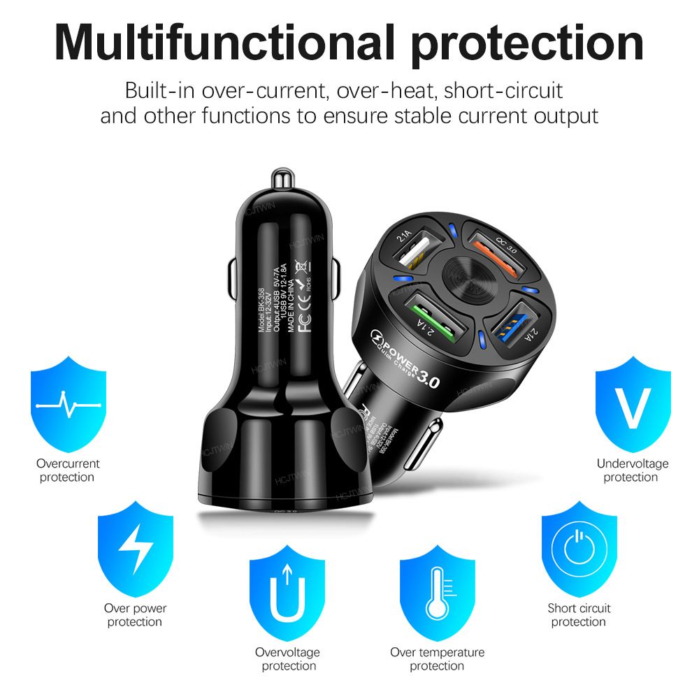 4in1 Car Charger Adapter 7A 35W USB Quick Charge LED Light