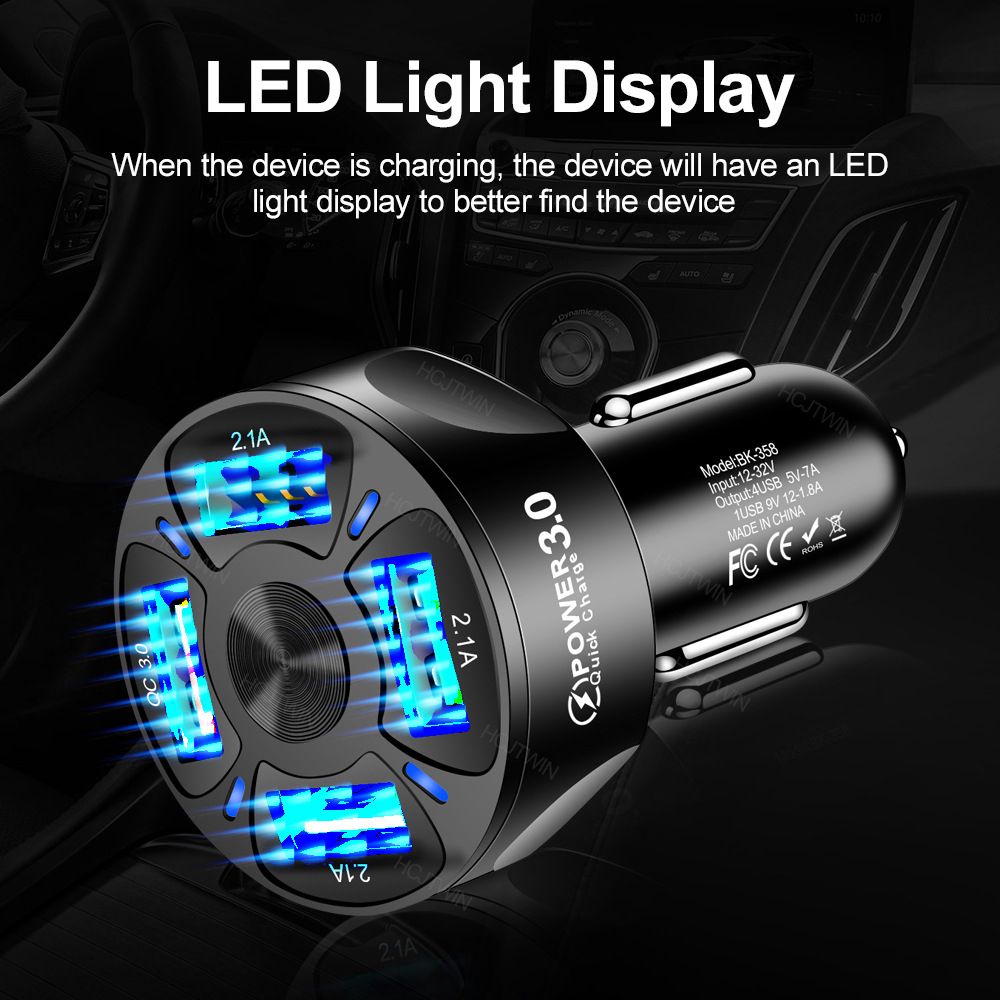 4in1 Car Charger Adapter 7A 35W USB Quick Charge LED Light