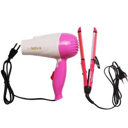 2 IN 1 HAIR STRAIGHTENER AND CURLER WITH HAIR DRYER - PINK